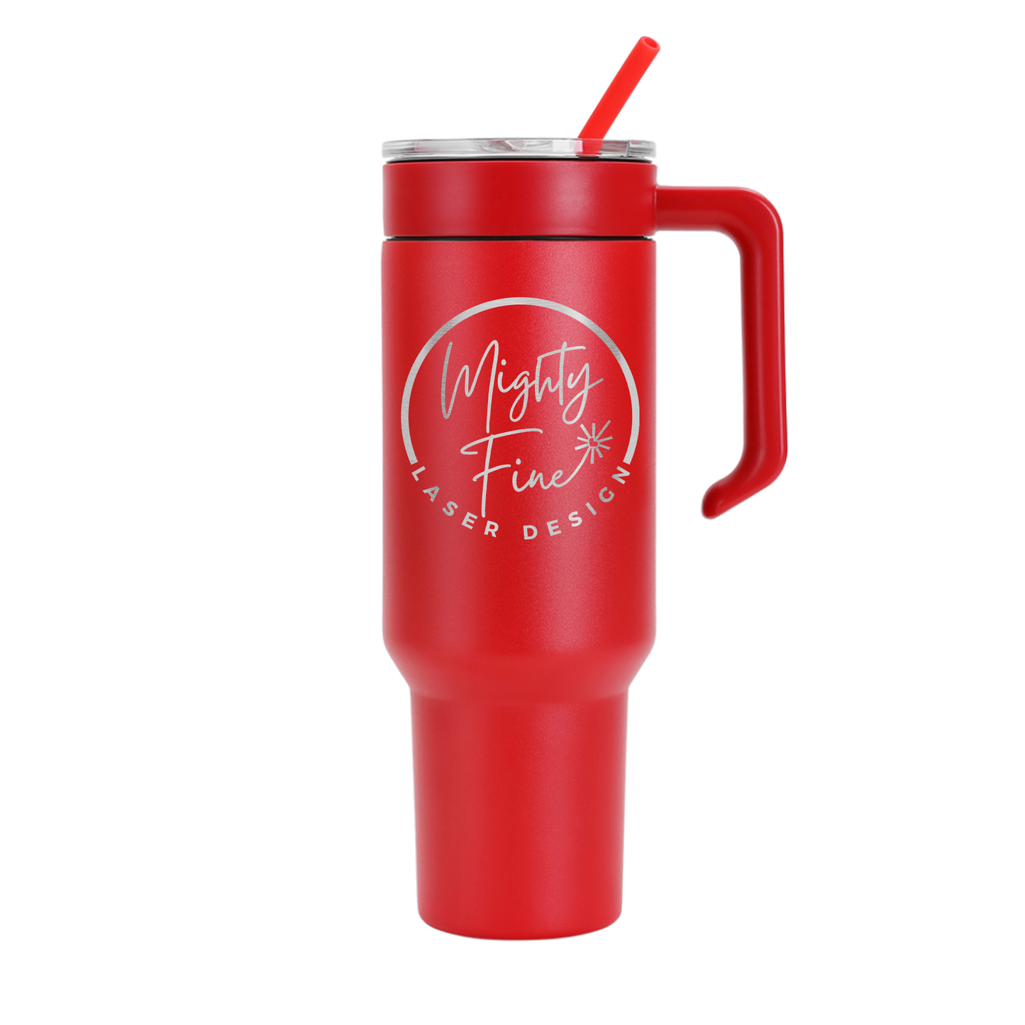 Red travel mug with a handle and straw on a white background