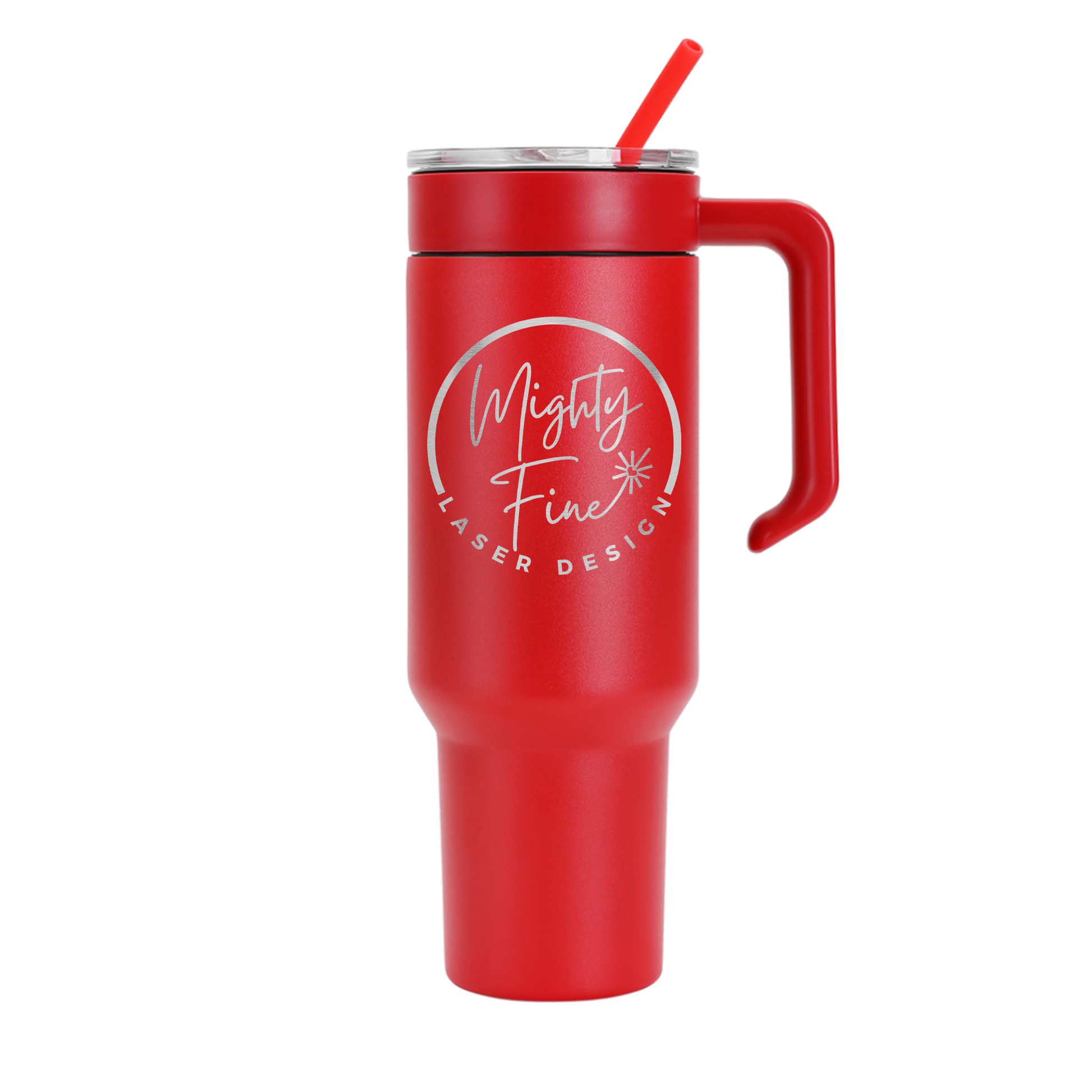 Red travel mug with a handle and straw on a white background