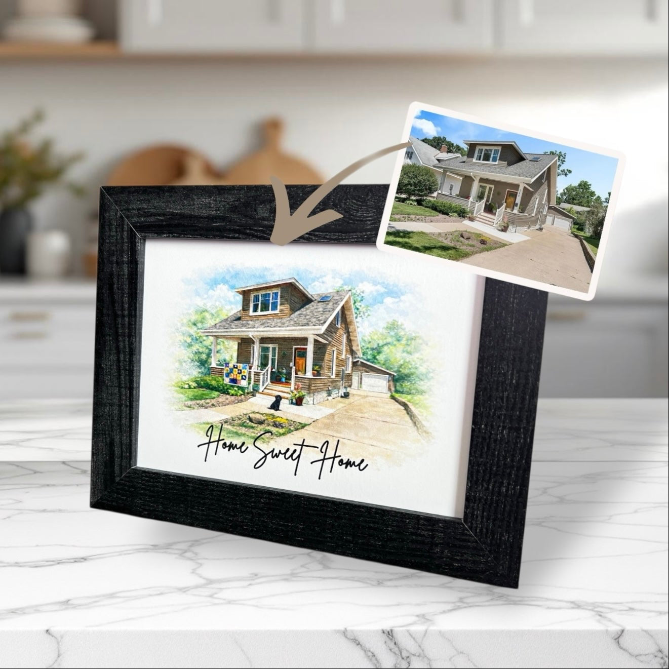 Watercolor picture of home in black frame