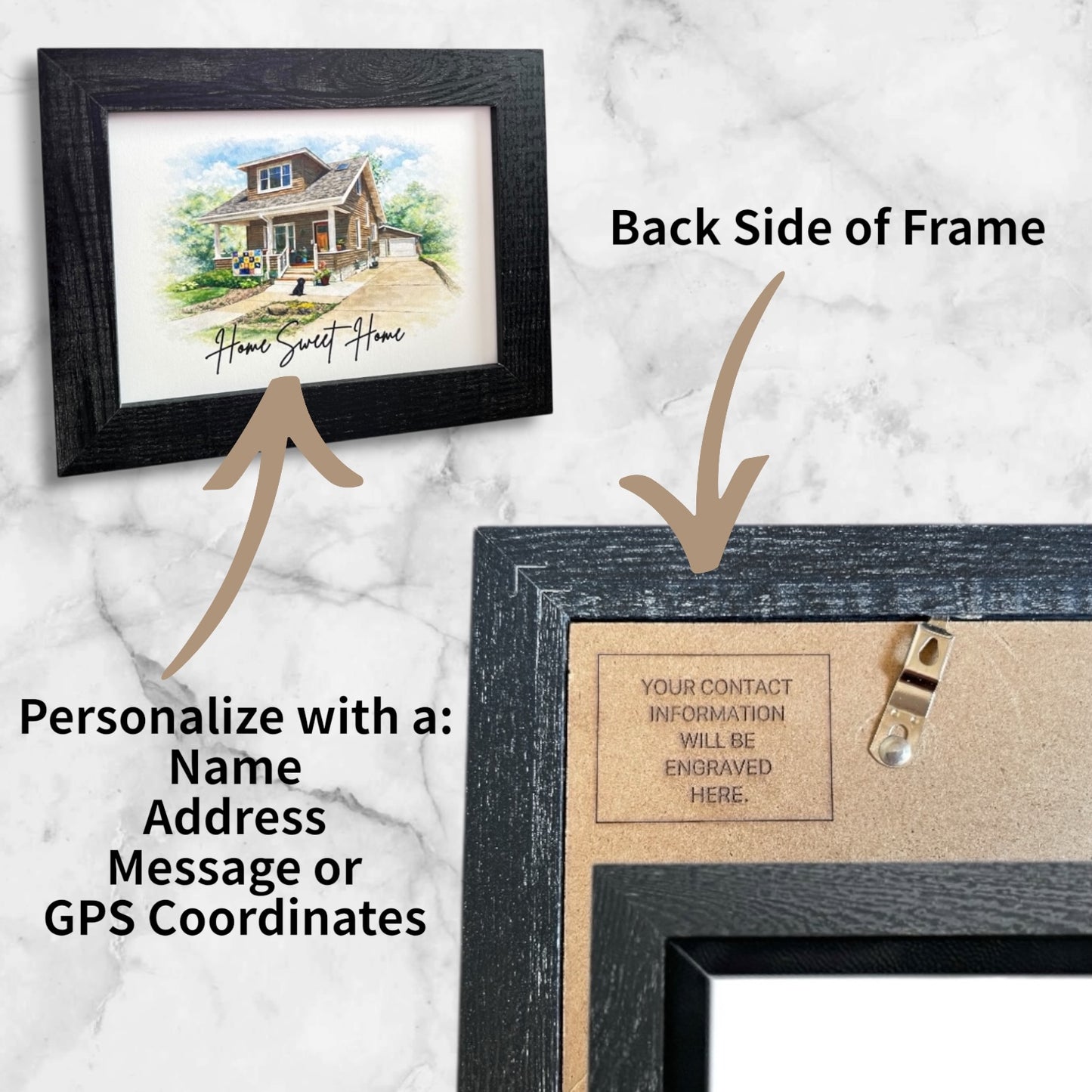 Framed artwork with a house illustration showing the back side of the frame with engraving options.
