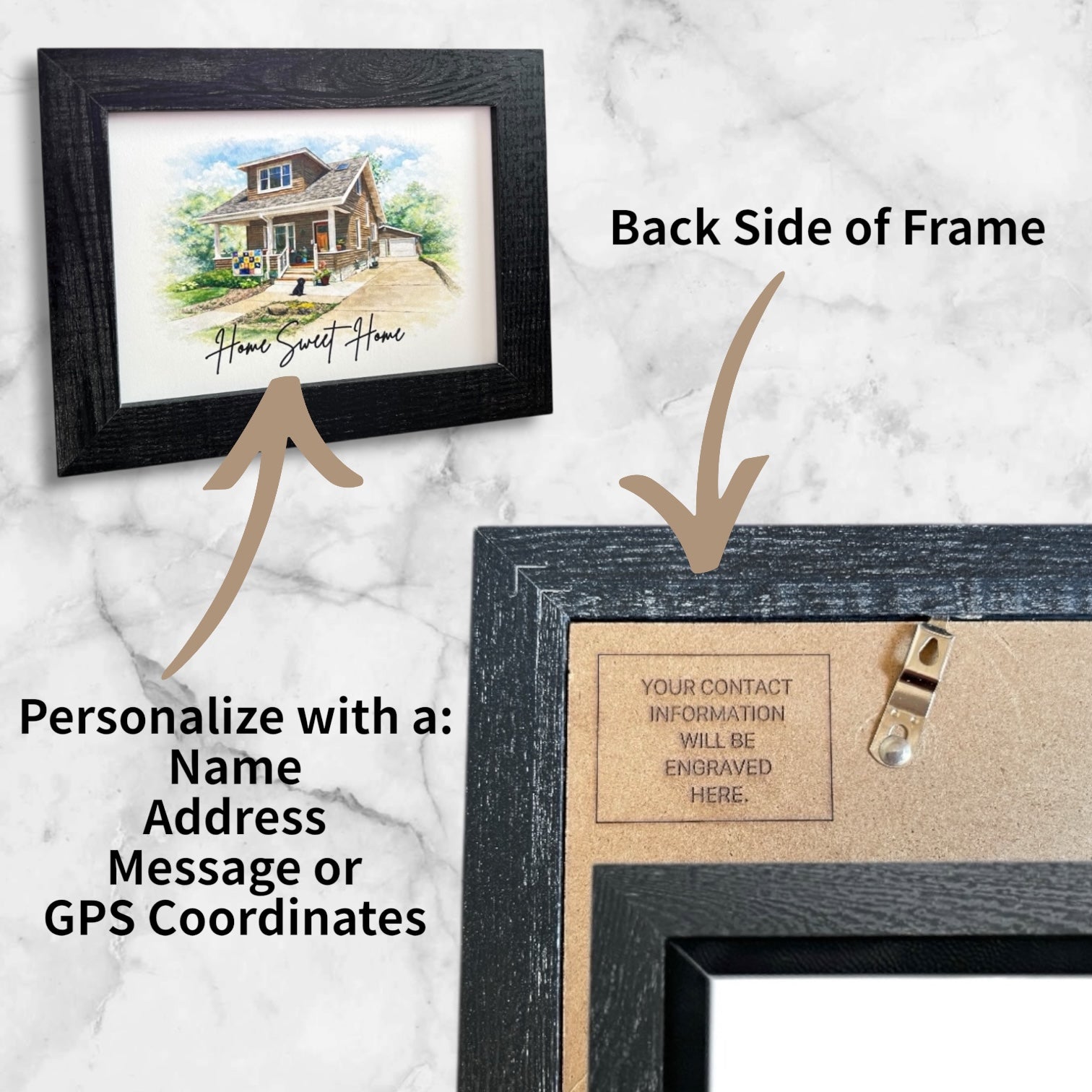 Framed artwork with a house illustration showing the back side of the frame with engraving options.