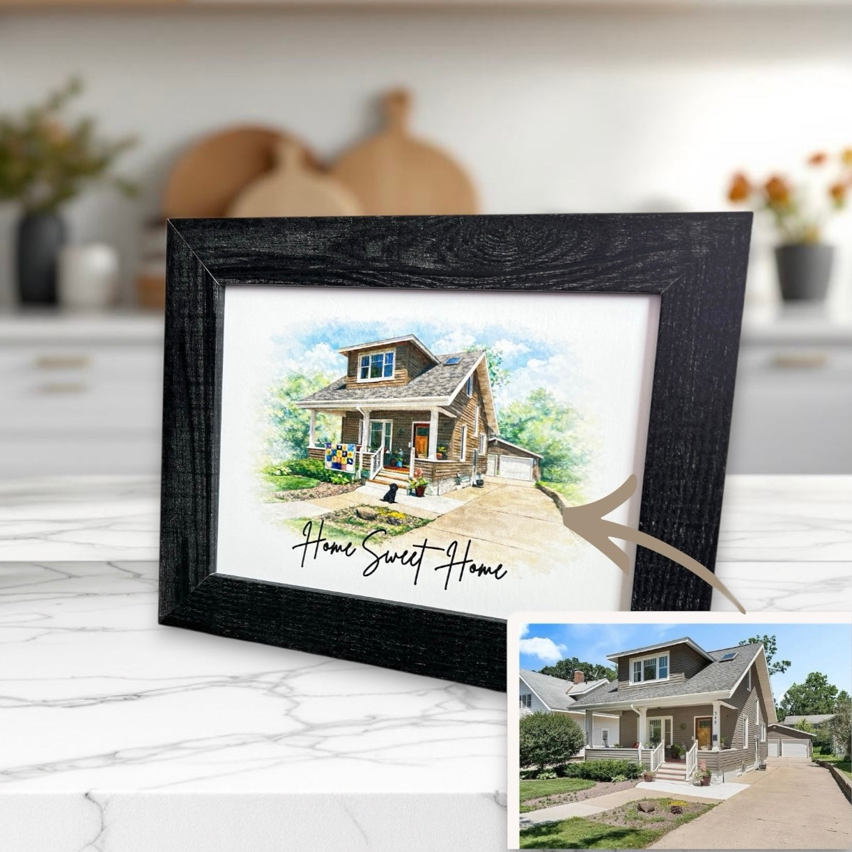 Photo of home enhanced into watercolor illustration.