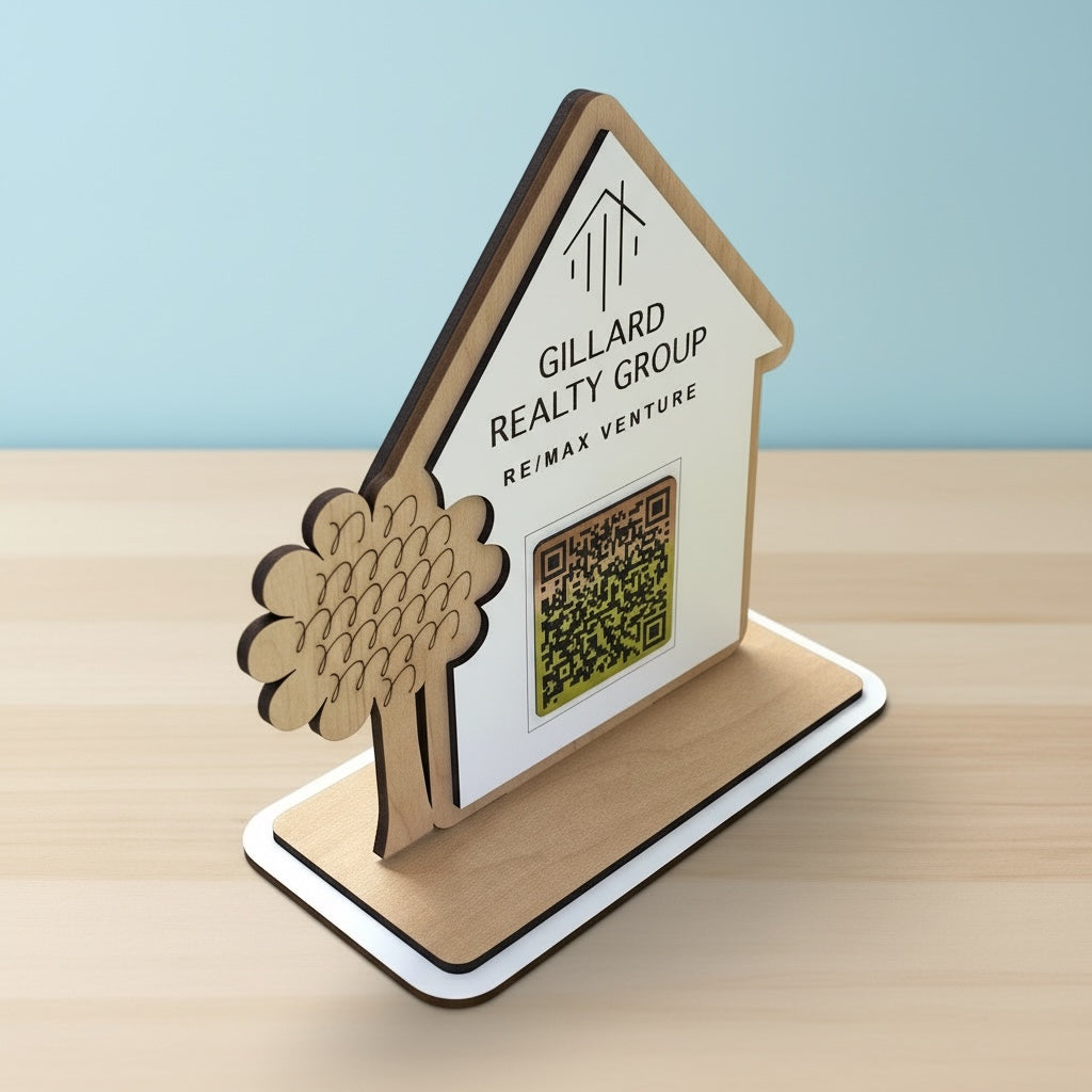 Wooden house-shaped sign with tree design and QR code on a light blue background