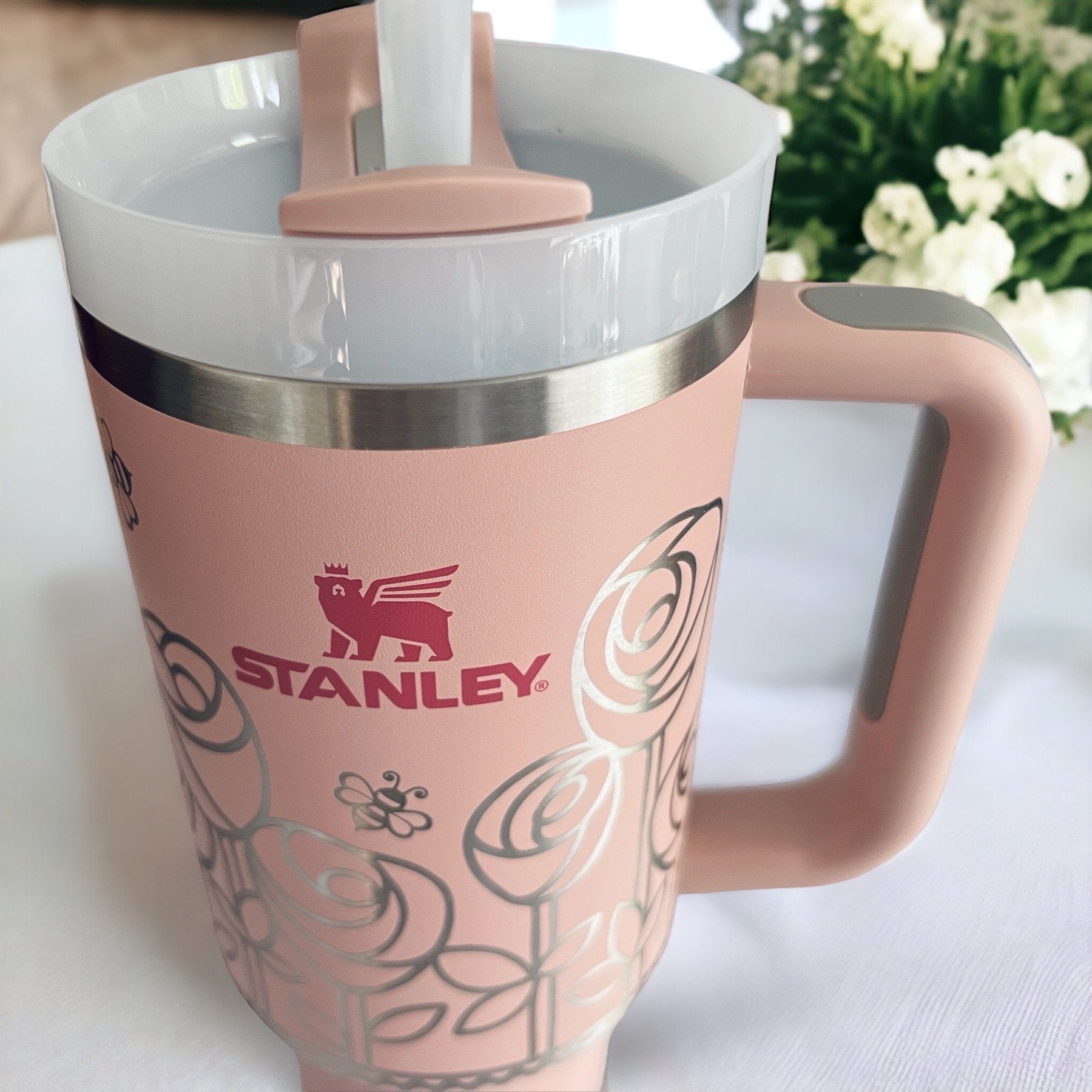 Stanley Cup With Straw 40oz Tumbler Pink Dust Coffee Mug Cup Handle  Drinking Cup